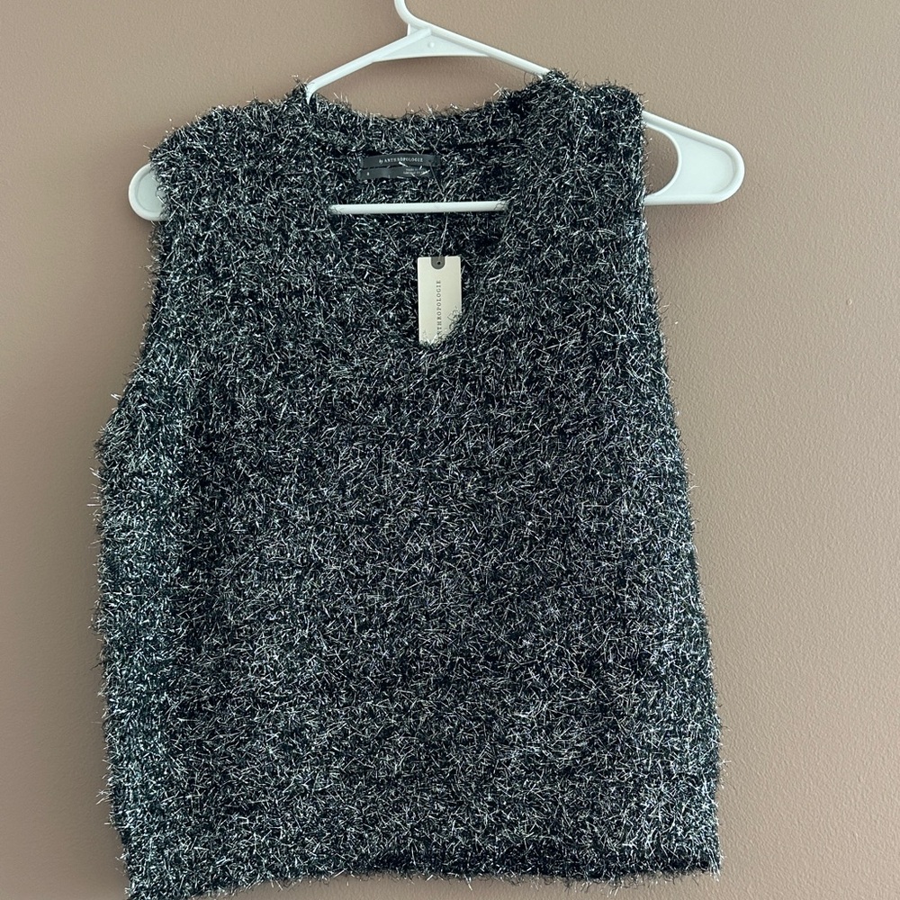 Anthropologie Black Metallic Fuzzy Knit Tank